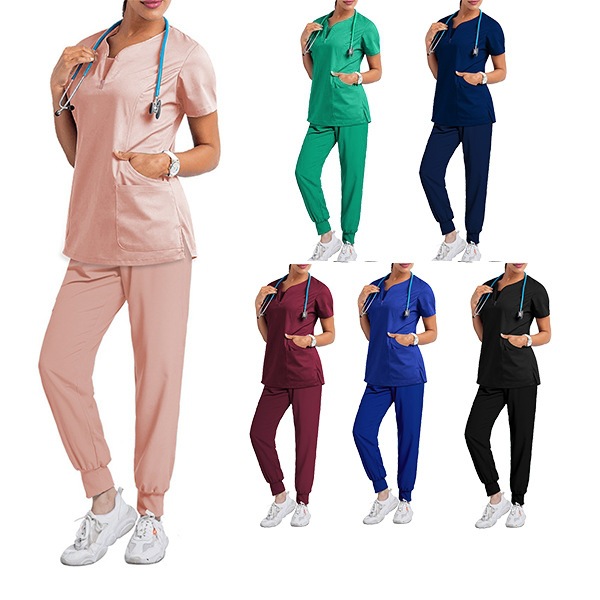 72% recycled polyester 23% viscose 5% spandex Quick-drying short-sleeved medical overalls