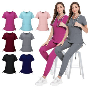 72% recycled polyester 23% viscose 5% spandex medical uniforms beauty salon nursing uniform