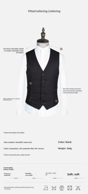 Men Winter Formal Business Suit Vest Black Stripes Office Uniform - Image 9