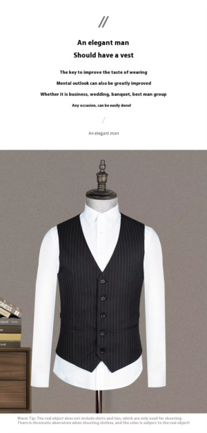 Men Winter Formal Business Suit Vest Black Stripes Office Uniform - Image 4