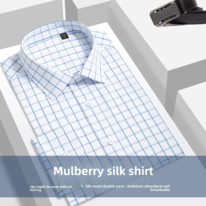 Men's Casual Business Shirt Mulberry Silk White Bottom Blue Plaid Shirt with Long Sleeves