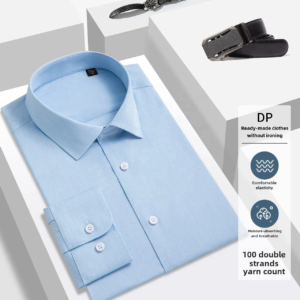 Men's Dress Light Blue Texture Micro-Elastic Classy White Collar Single shirt