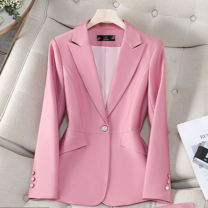 Women's New Celebrity-Style Long Length Elegant Pink Suit Office Uniform