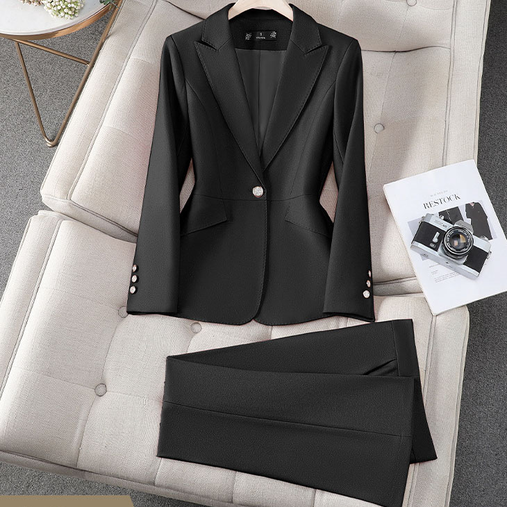 Women's Black Knitted Suit Casual Slimming Professional Look Button Suit Office Uniform